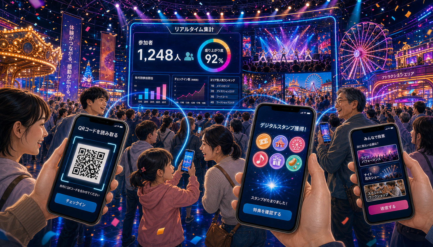 イベント会場で来場者がスマートフォンからQRコード読み取りや投票などの参加型体験を楽しむイメージイラスト