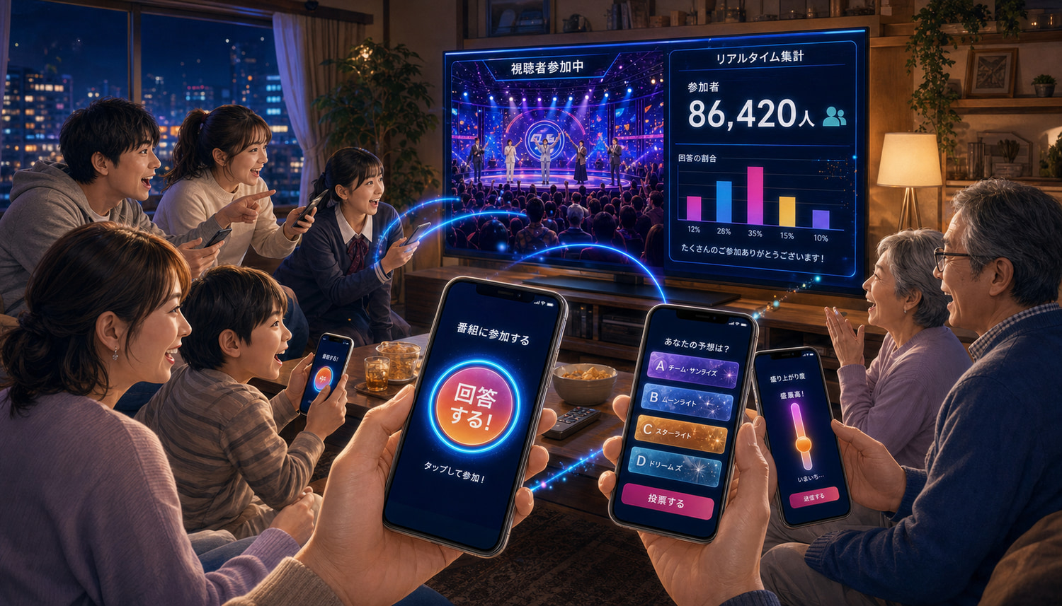リビングでテレビの生放送番組を観ながらスマートフォンで番組に参加する視聴者のイメージイラスト